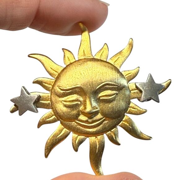 Vintage JJ Jonette Brooch Signed Gold Tone Celestial Sun Star Earrings Lapel Pin - Picture 7 of 7